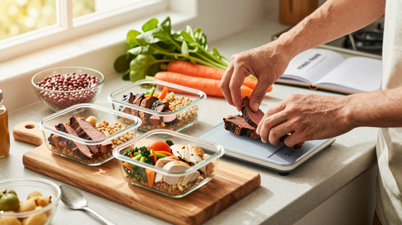 Pessoa a preparar marmitas com carne, legumes e grãos numa bancada de cozinha iluminada pela luz natural.