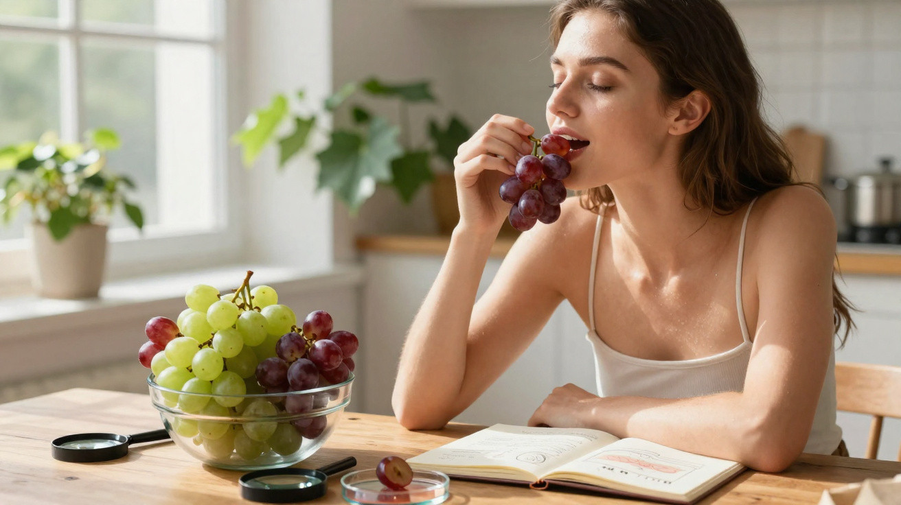 Mulher sentada a comer uvas ao lado de uma tigela com uvas verdes e roxas numa cozinha iluminada.
