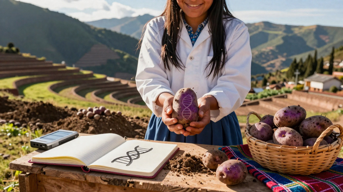 Mulher com bata branca segura batata roxa com símbolo de ADN, livro e cesta com batatas, campo agrícola atrás.