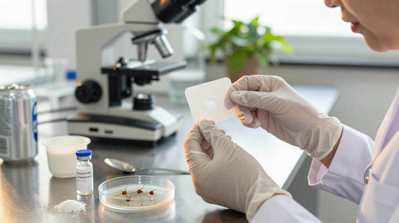Pessoa com luvas a segurar lâmina para microscópio, com petri, frasco e sal numa bancada de laboratório.