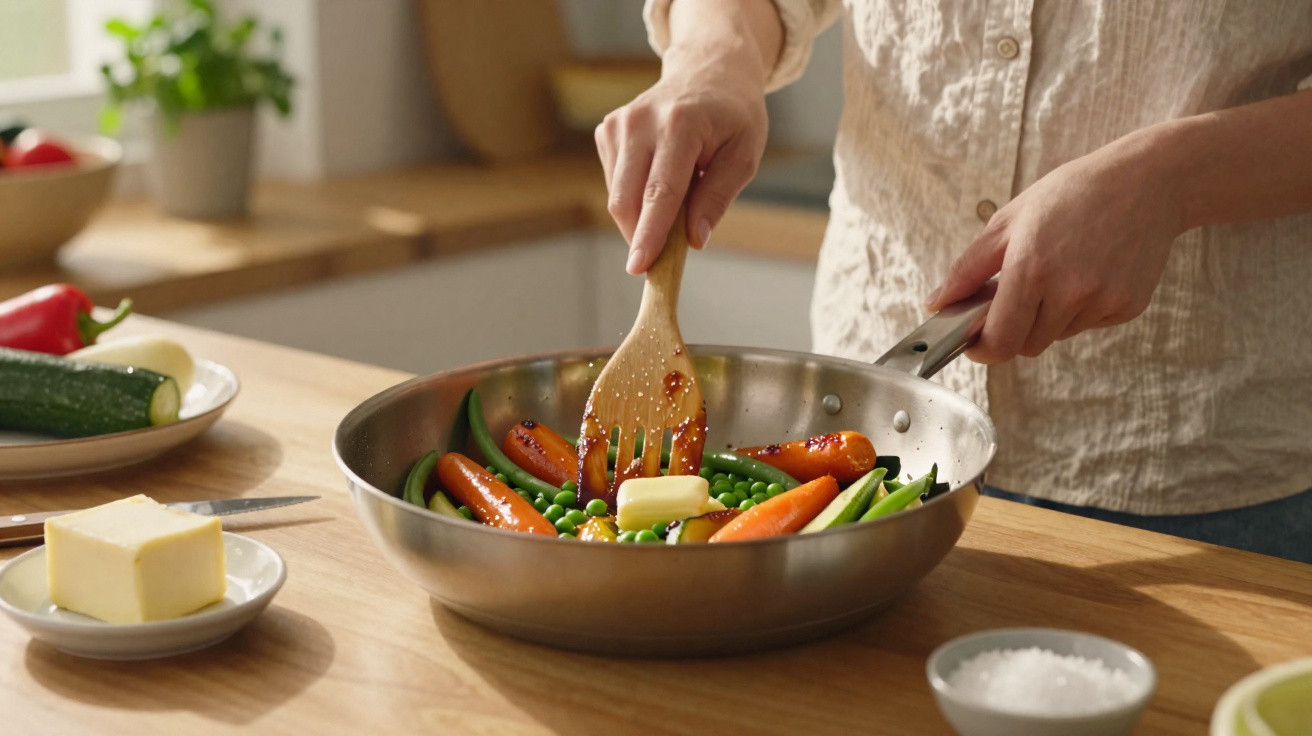 Pessoa a cozinhar legumes frescos numa frigideira com manteiga numa cozinha iluminada.