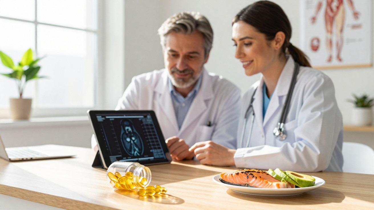Dois médicos analisam imagens médicas numa tablet com suplementos e comida saudável numa mesa.