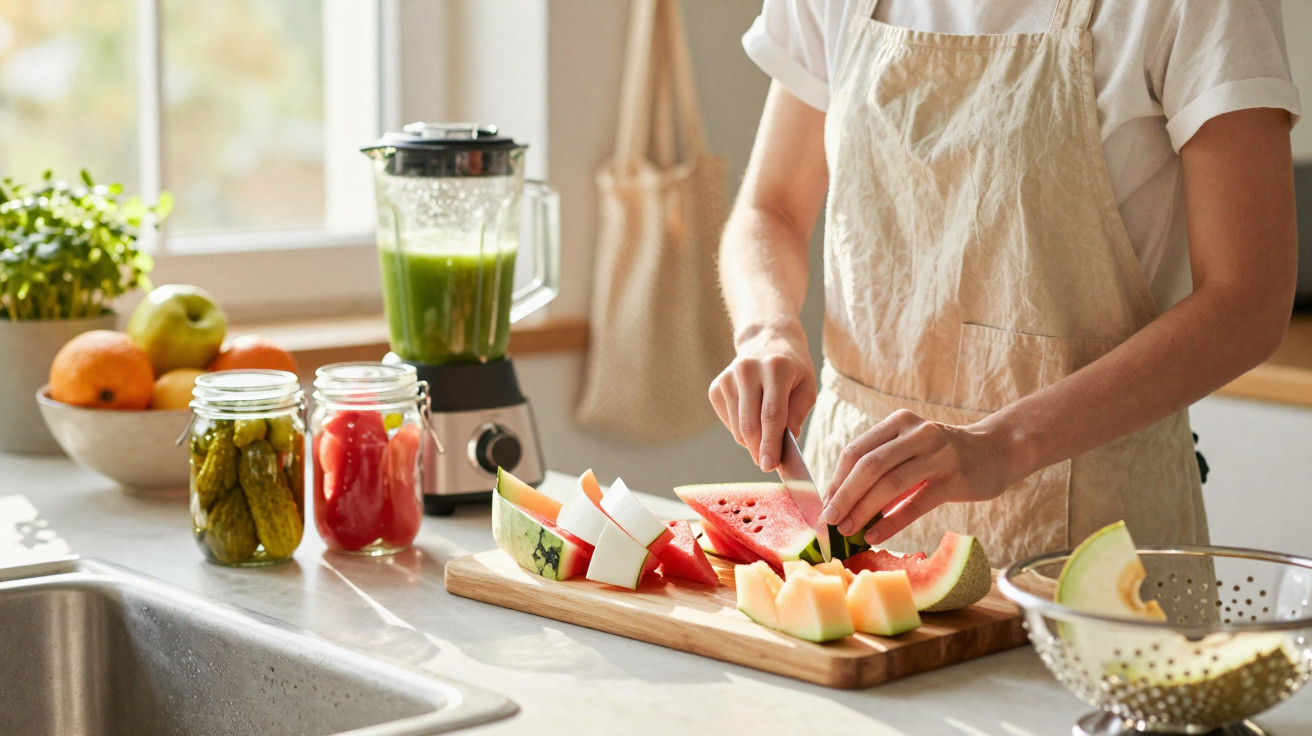 Pessoa a cortar melancia e melão numa tábua de cozinha com frutas, frascos e liquidificador ao fundo.
