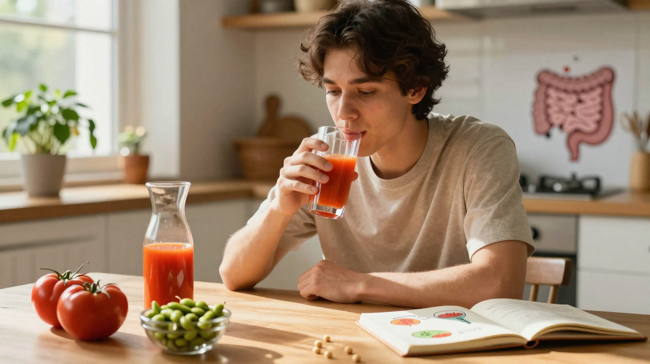 Jovem sentado à mesa a beber sumo de tomate, com legumes e livro aberto à frente, numa cozinha iluminada.