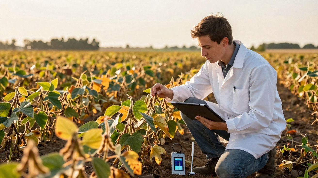 Jovem cientista em bata branca analisa plantas numa plantação, usando tablet e dispositivo tecnológico.