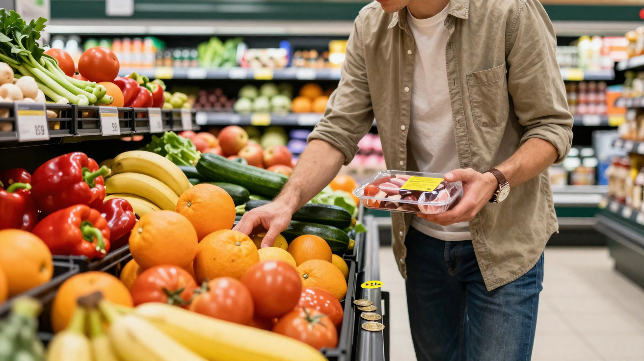 Homem a escolher frutas frescas numa secção de produtos num supermercado.
