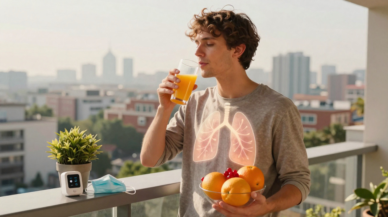 Homem num terraço a beber sumo de laranja, com imagem ilustrativa de pulmões no peito da camisola.