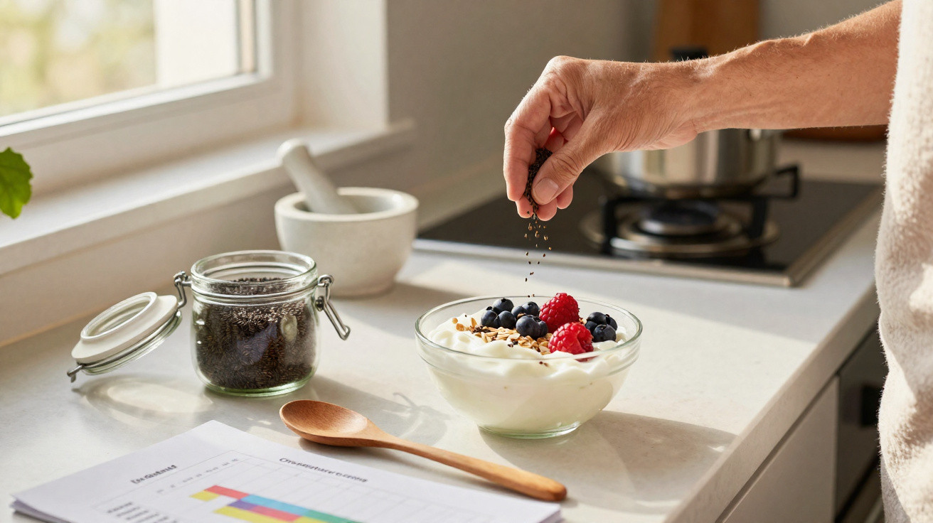 Pessoa polvilha sementes em iogurte com frutos vermelhos e granola numa bancada de cozinha luminosa.