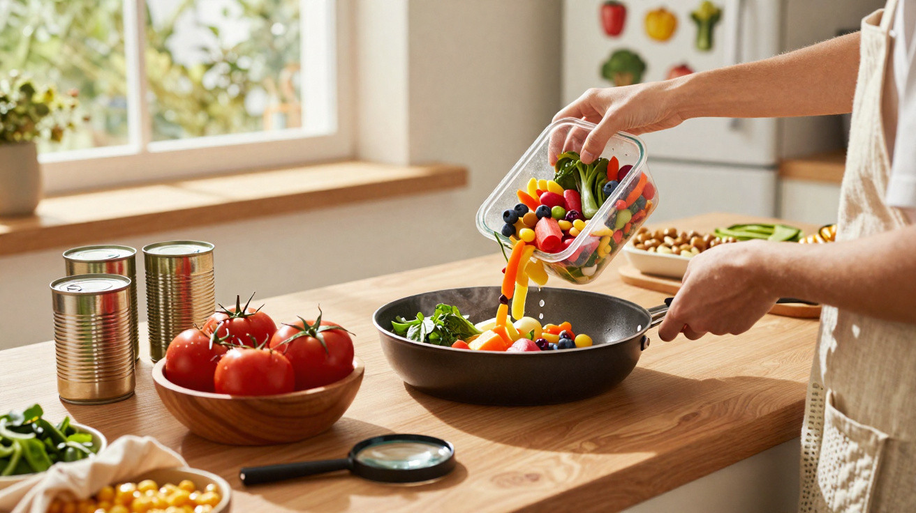 Pessoa a preparar refeição saudável com legumes frescos e frutas numa panela na cozinha iluminada.