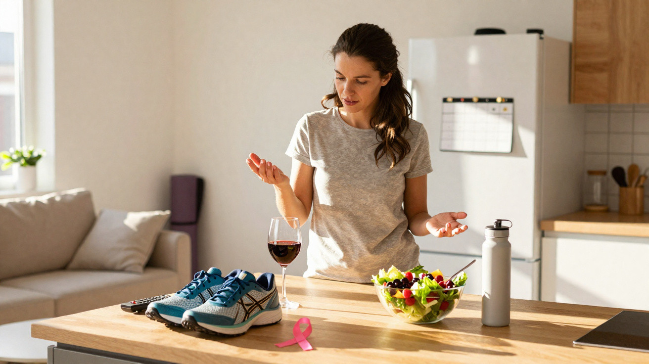 Mulher em dúvida entre taça de vinho e tigela de salada numa cozinha iluminada e moderna.