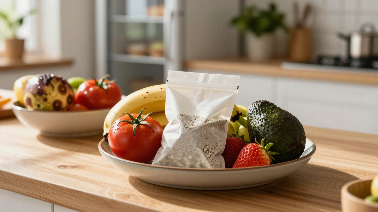 Fruta variada e pacote branco numa taça sobre bancada de cozinha com luz natural.