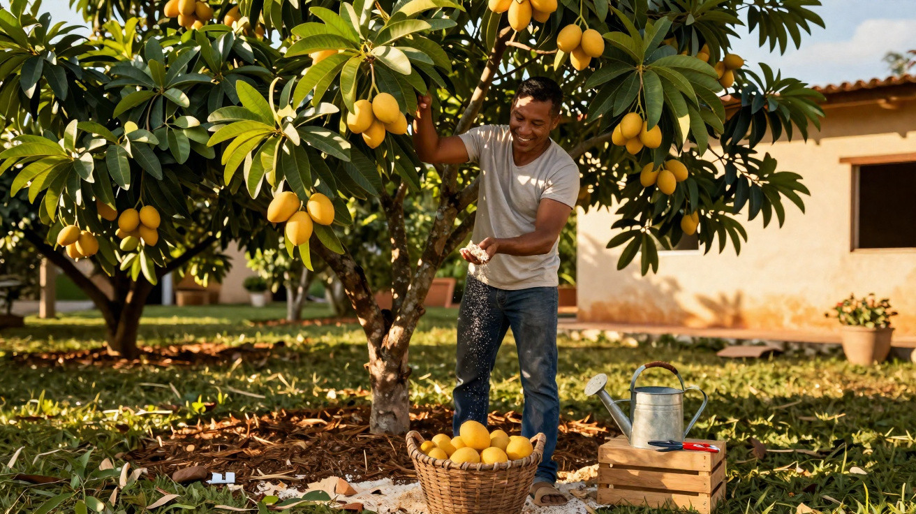 Homem a cuidar de mangueiras carregadas de frutos amarelos num pomar ensolarado.