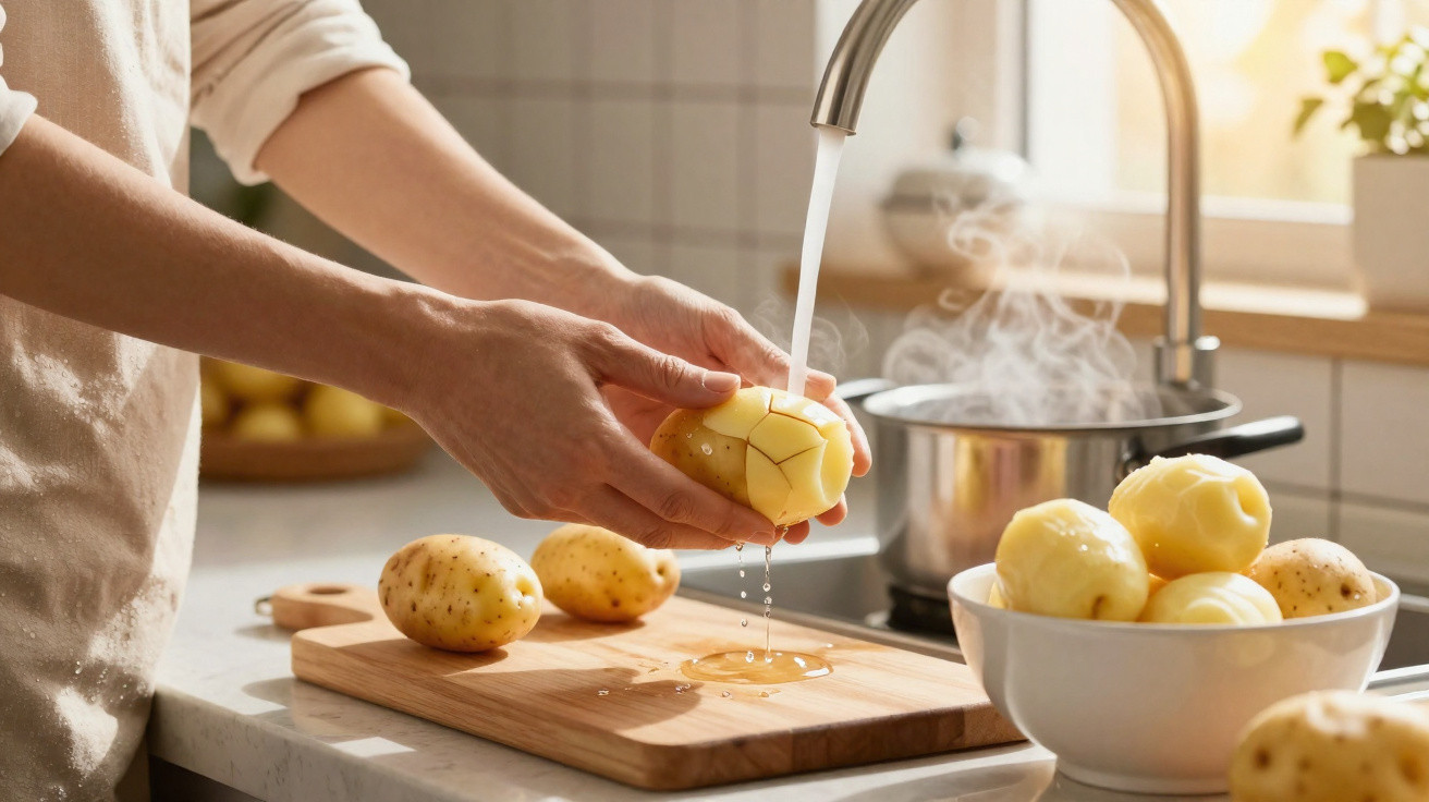 Pessoa a lavar uma batata descascada na torneira com batatas inteiras e cozinhadas na bancada da cozinha.