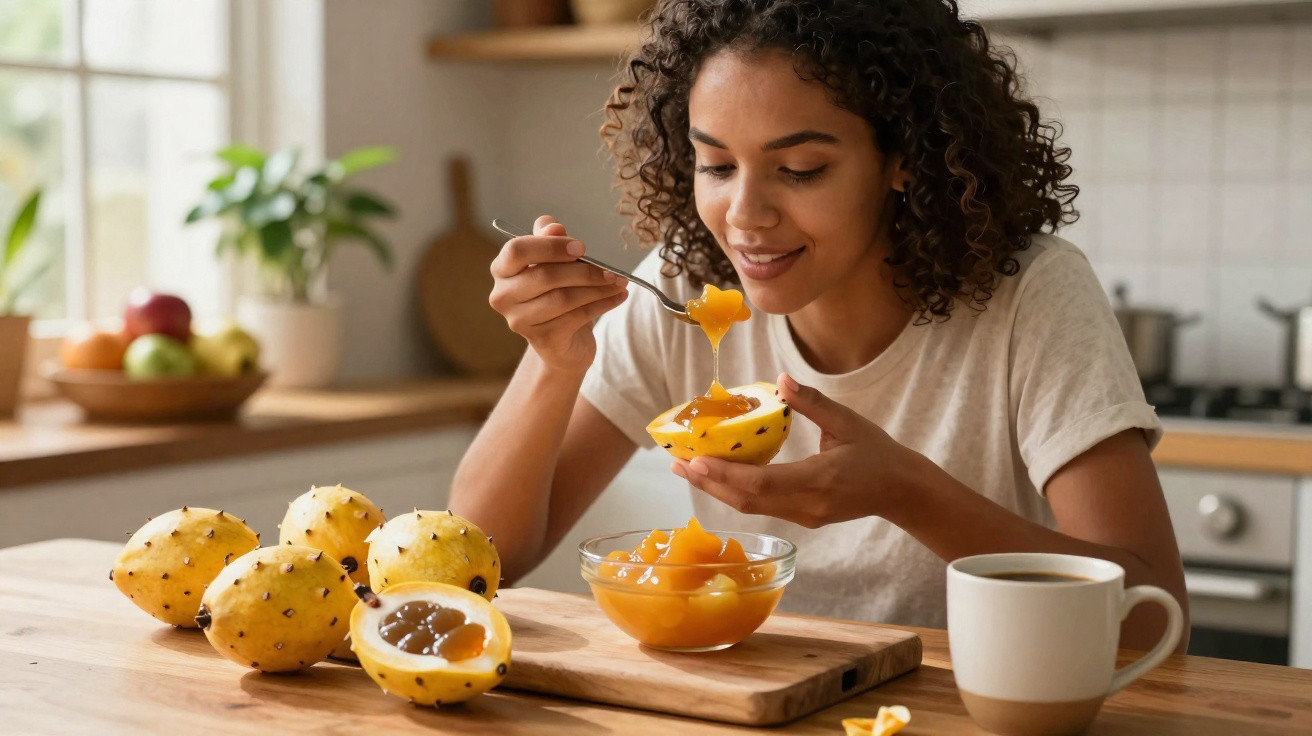Mulher a sorrir a comer fruta-pão amarela numa cozinha moderna com chávena de café à frente.