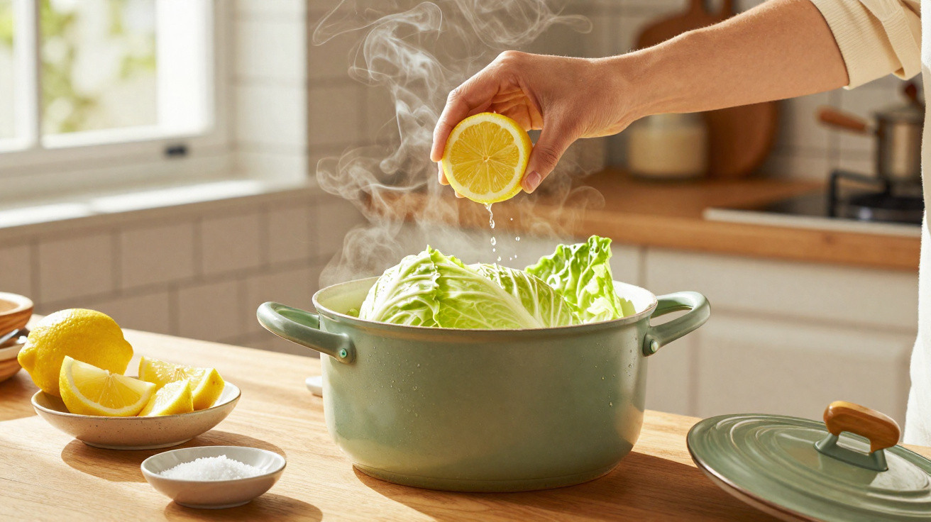 Mão espremendo limão sobre couve a cozinhar num tacho verde numa cozinha luminosa.