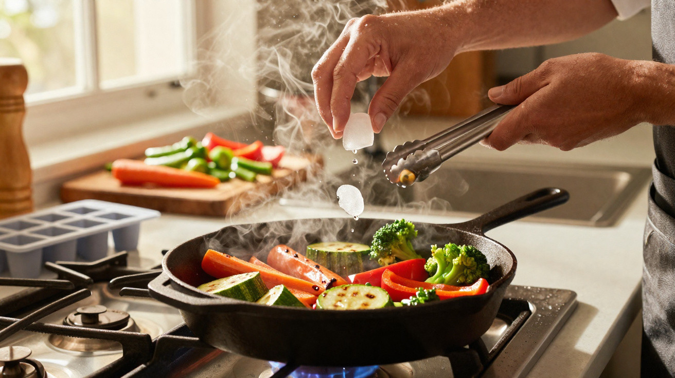 Mãos temperando legumes variados a cozinhar numa frigideira no fogão, numa cozinha iluminada a luz natural.