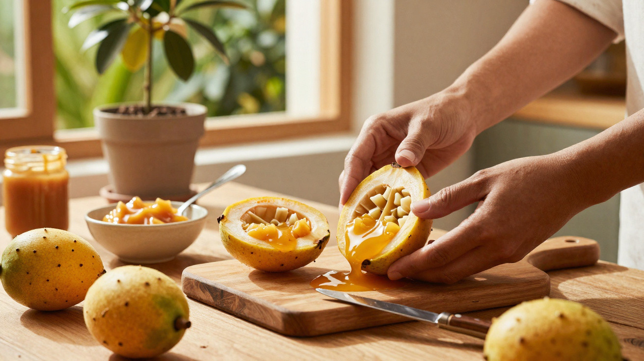Frutos-da-paixão abertos com polpa amarela e colher em taça sobre tábua de madeira na cozinha.