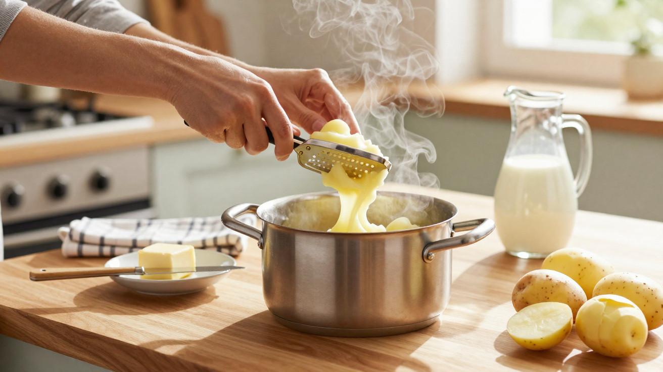 Mãos a esmagar batatas quentes numa panela na cozinha, com batatas, manteiga e leite sobre a bancada.