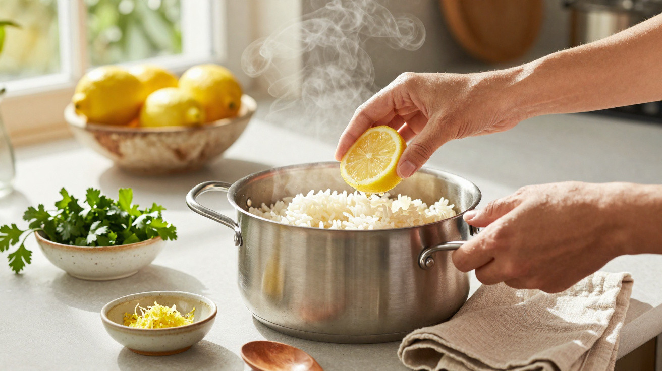 Mãos a espremer meio limão por cima de arroz quente numa panela de aço inoxidável na cozinha iluminada.