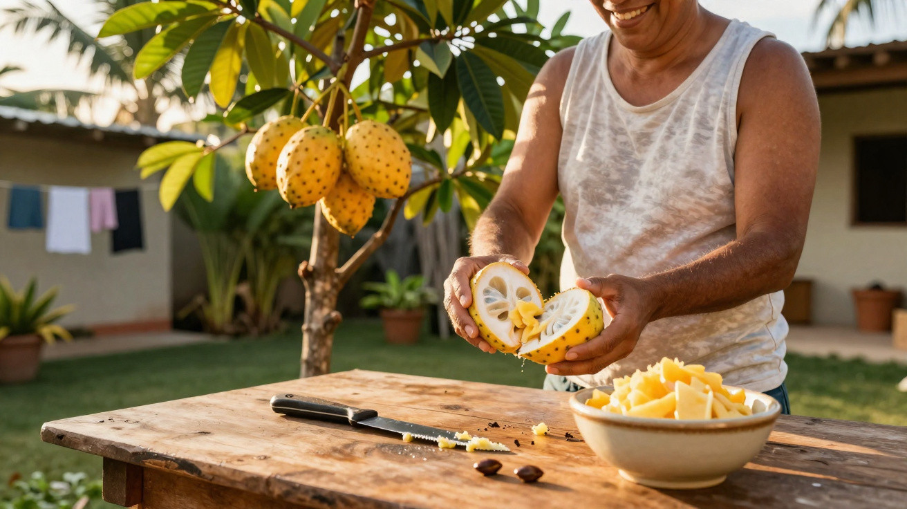Homem a partir um fruto amarelo chamado maracujá-do-mato numa mesa rústica ao ar livre.