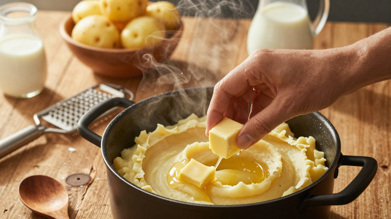 Panela com puré de batata quente com manteiga a ser adicionada, rodeada por ingredientes e utensílios de cozinha.