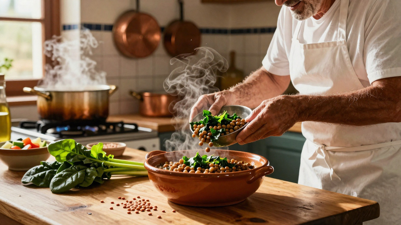 Pessoa a cozinhar ervilhas e espinafres numa cozinha tradicional com utensílios de cobre e vapor.