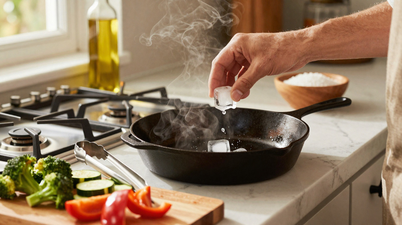 Pessoa a colocar cubos de gelo numa frigideira quente com vapor, ao lado de legumes numa bancada de cozinha.
