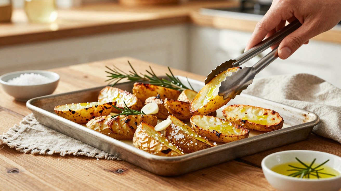 Mão a apanhar batatas assadas com ervas e alho num tabuleiro metálico numa mesa de madeira.