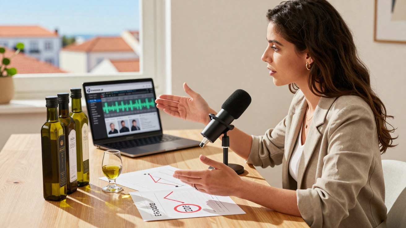Mulher a gravar podcast sobre azeite com garrafas, copo e gráficos à frente num ambiente iluminado.