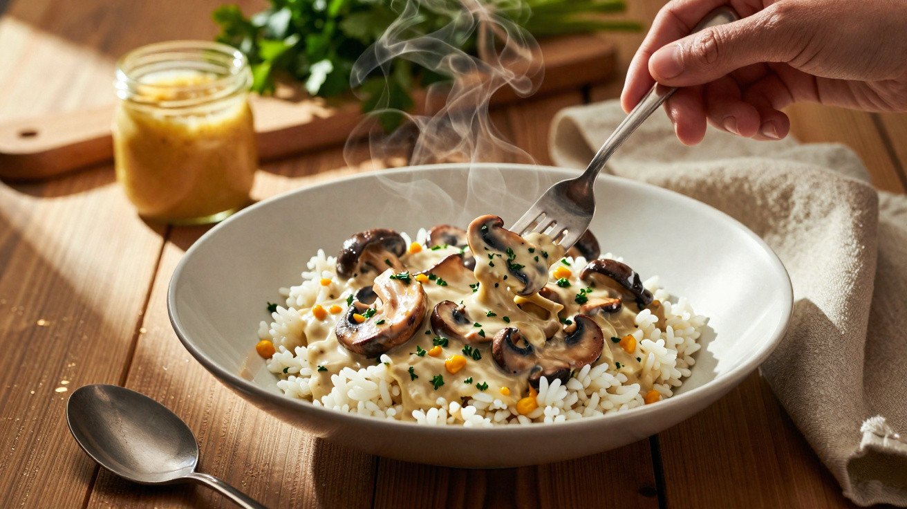 Prato de arroz com molho cremoso de cogumelos e ervas frescas, com uma mão segurando um garfo.