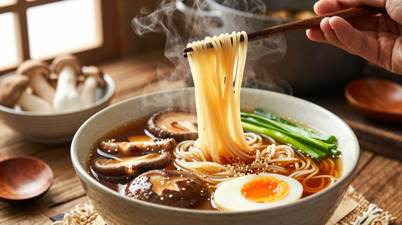 Taça de ramen quente com cogumelos, ovo meio cozido, cebolinha e noodles sendo puxados com pauzinhos.