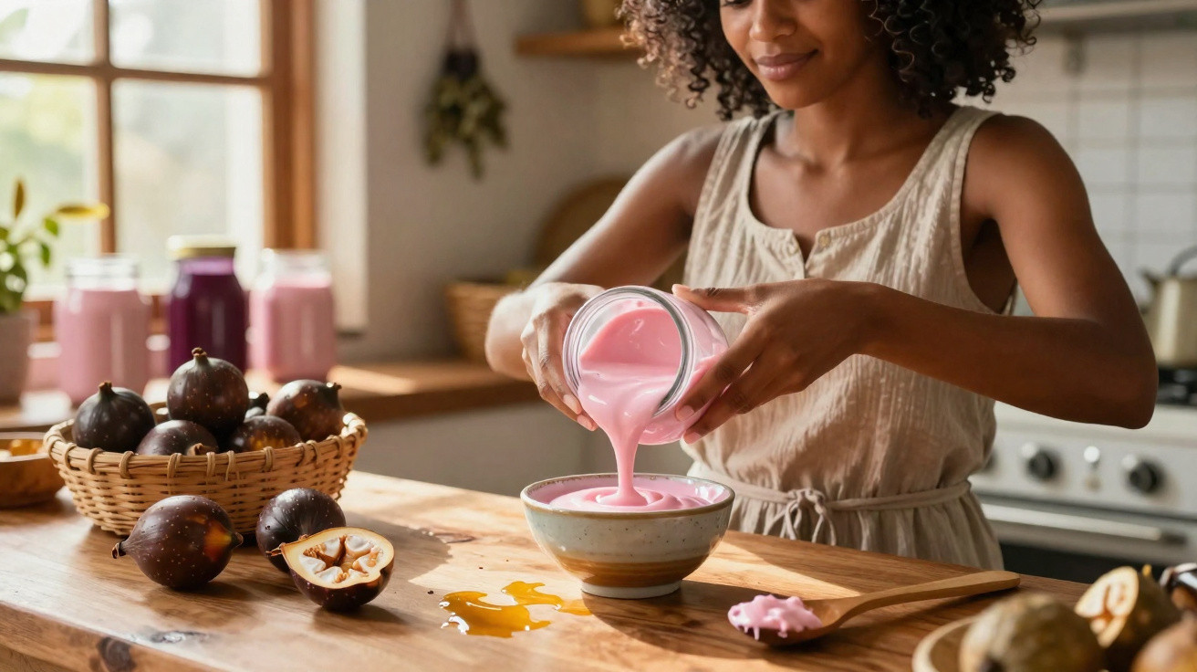 Mulher a verter smoothie rosa numa tigela na cozinha com figos frescos sobre a mesa de madeira.