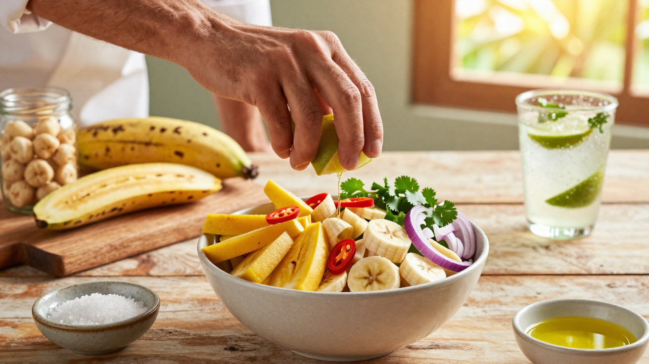 Mão a espremer limão sobre salada com banana, pimenta, coentros e cebola roxa num bowl.