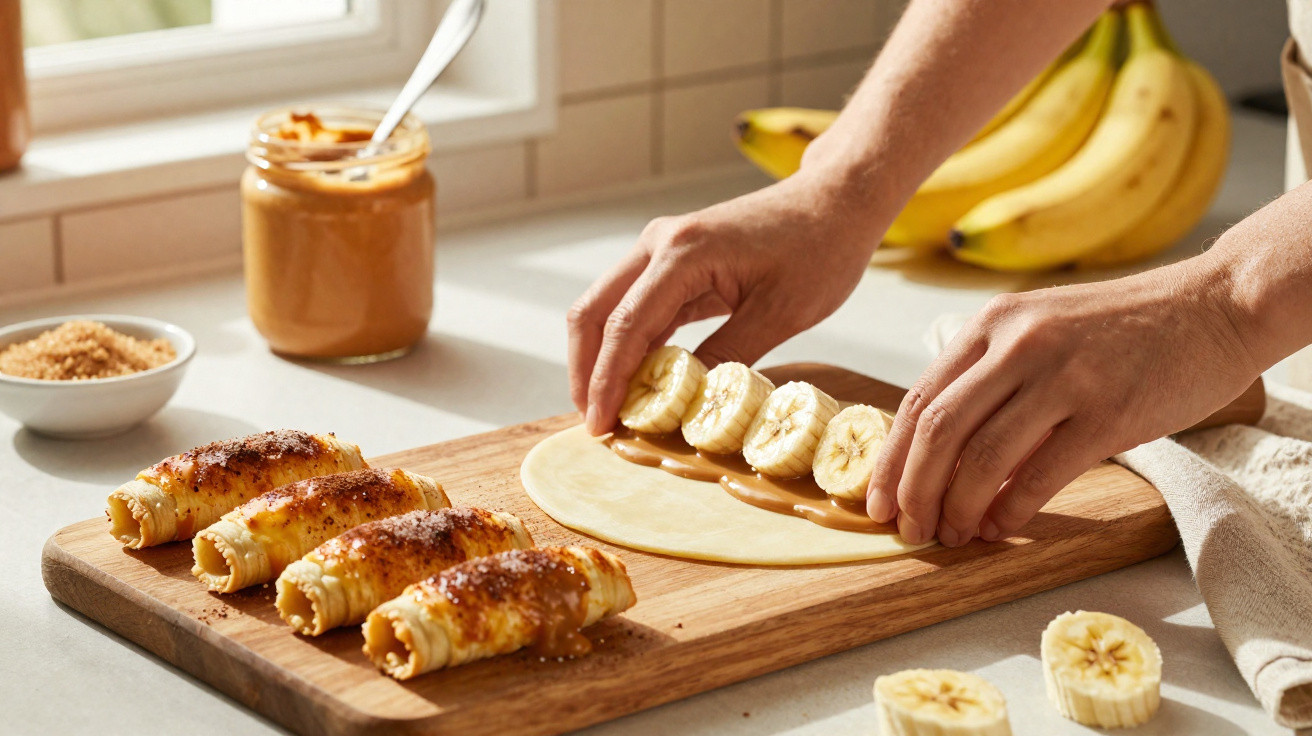 Mãos a enrolar massa com manteiga de amendoim e banana, com croissants caseiros numa tábua de madeira.