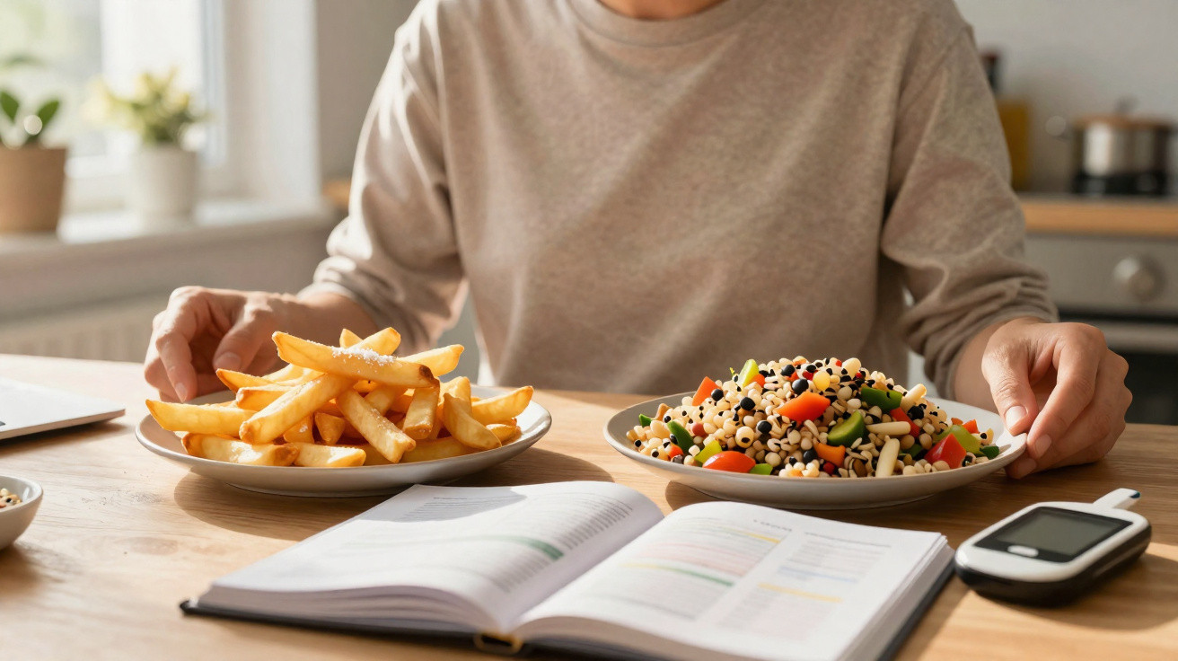 Pessoa escolhe entre prato de batatas fritas e salada colorida numa mesa com livro aberto e medidor.