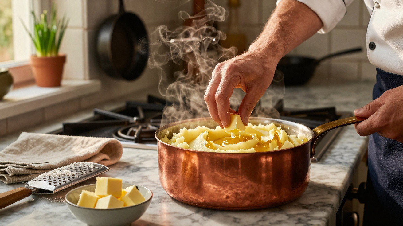 Mão a colocar manteiga numa panela com massa quente a vapor numa cozinha iluminada natural.