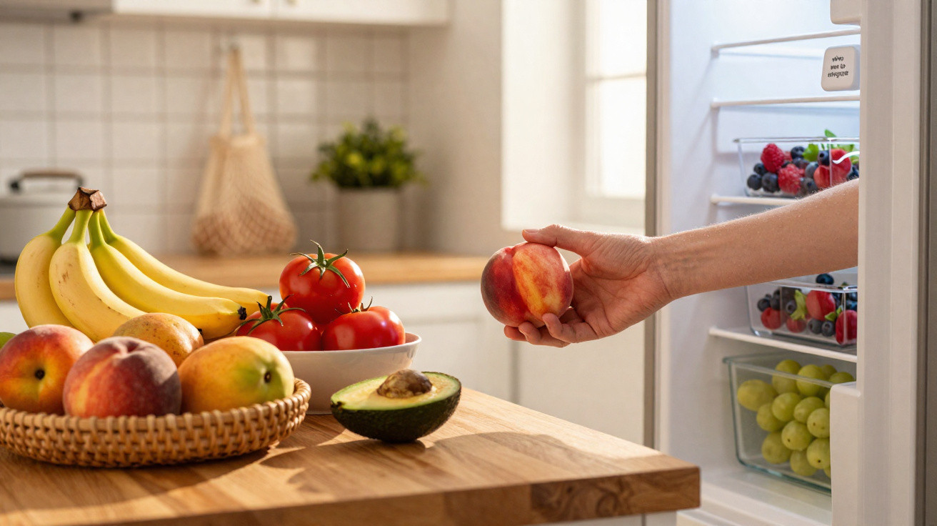 Mão a retirar pêssego do frigorífico, frutas frescas como bananas, tomates, abacate e uvas sobre bancada de cozinha.