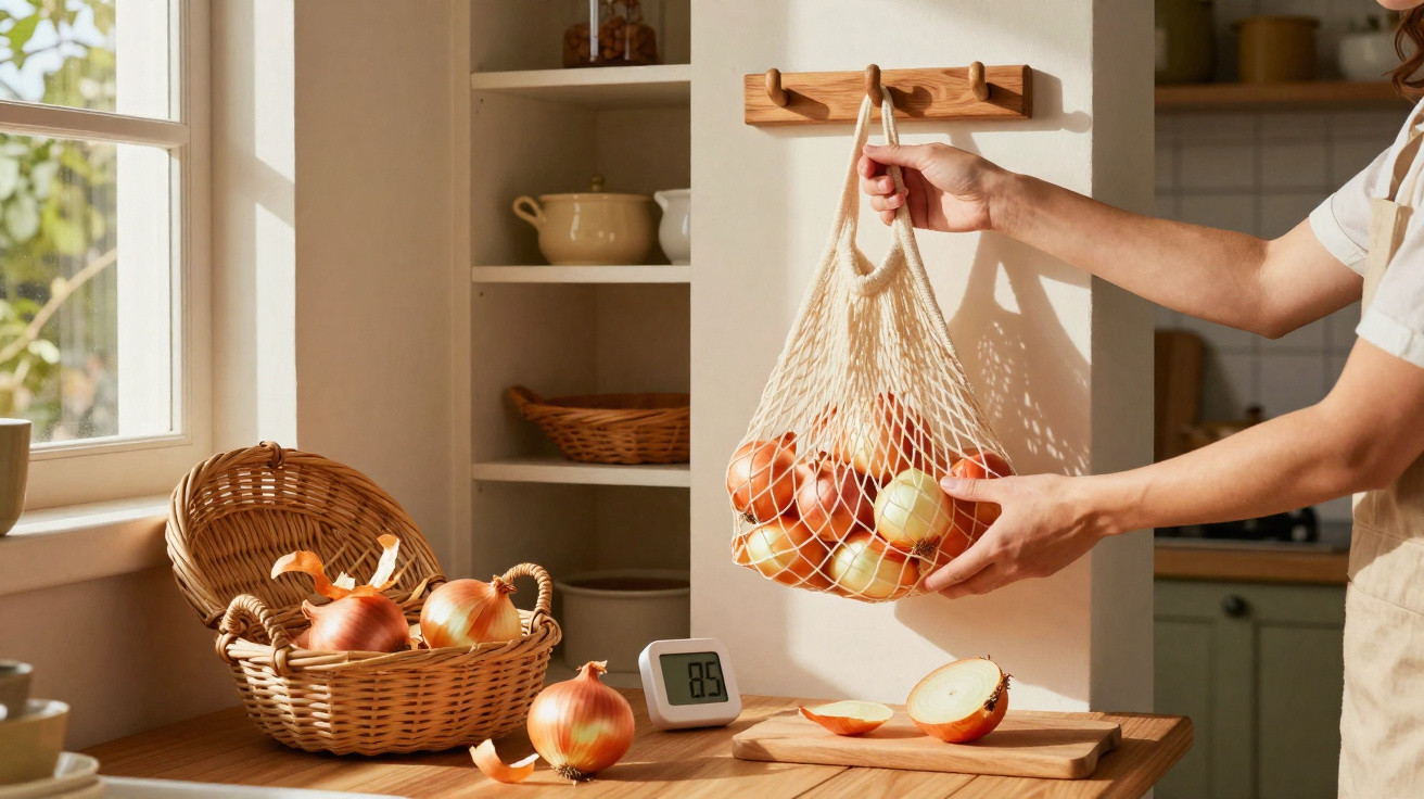 Pessoa pendura saco de rede com cebolas numa cozinha iluminada por luz natural.