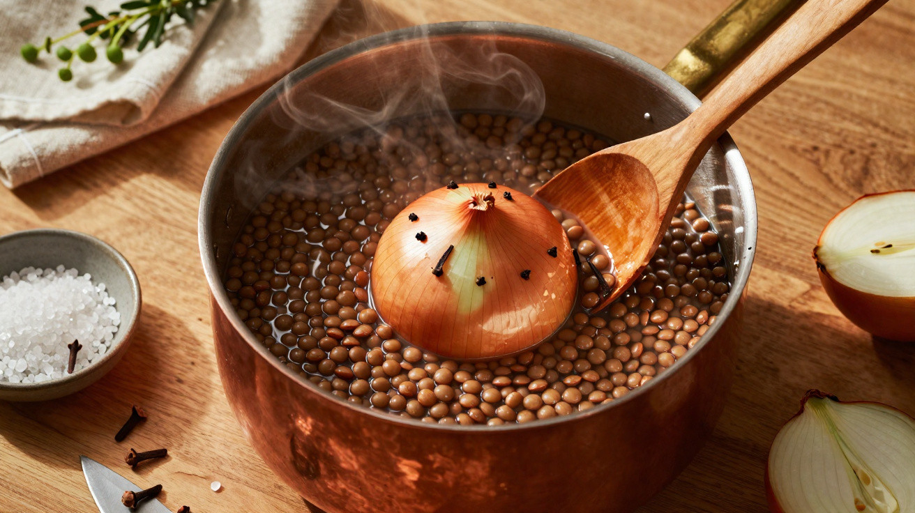 Panela de cobre com lentilhas a cozinhar e meia cebola com cravos espetados a flutuar, ao lado de sal e ervas.