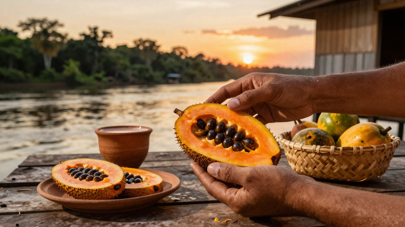 Mãos seguram fruto amarelo alaranjado cortado, com sementes pretas, junto a cesto e pratos, cenário de rio ao pôr do sol.