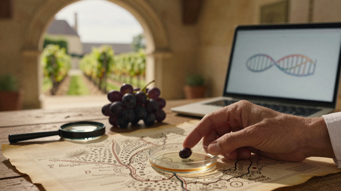 Mão a analisar uma uva numa placa de petri, com mapa, lupa, cachos de uvas e portátil ao fundo.