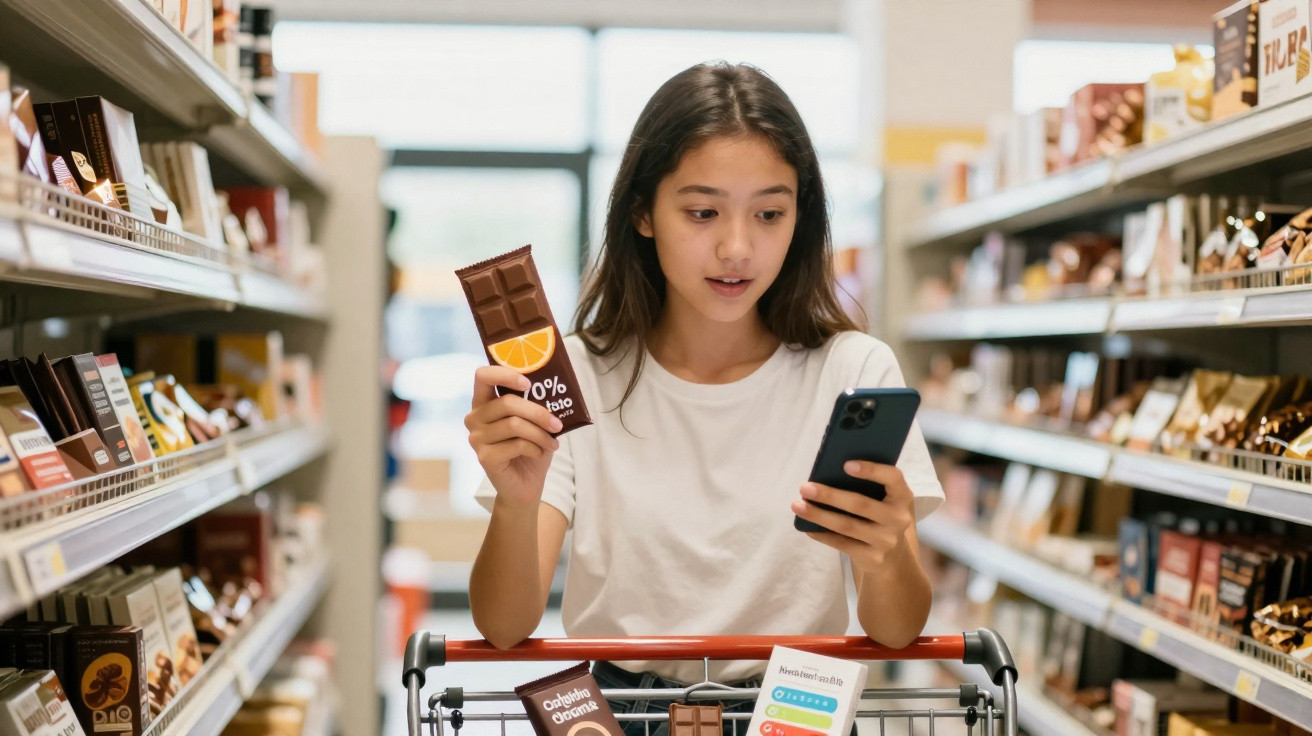 Rapaz com camisola branca segura barra de chocolate e olha para telemóvel no supermercado entre prateleiras.