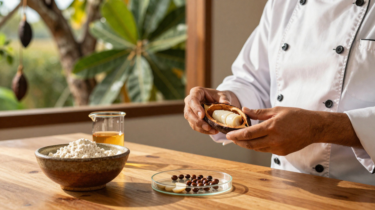 Chef a segurar fruto do cacaueiro aberto com sementes, perto de tigela, copo e placas com grãos e manteiga.