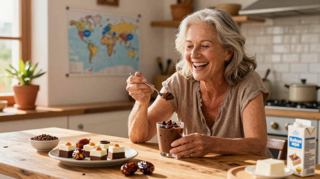 Mulher idosa sorridente a saborear mousse de chocolate na cozinha com várias sobremesas à sua frente.