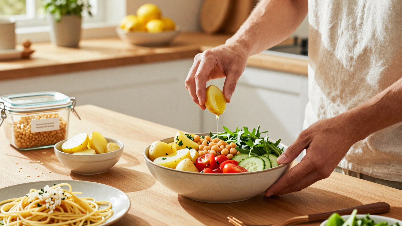 Pessoa a espremer limão sobre salada com grão, tomate, pepino e batatas numa cozinha iluminada.