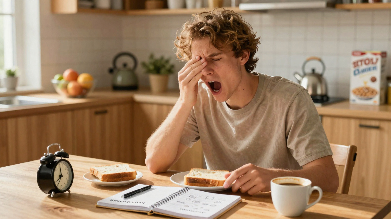 Jovem com sono boceja enquanto está à mesa com torrada, café, despertador e agenda aberta numa cozinha.