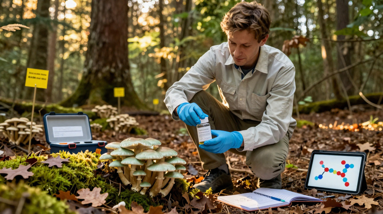 Cientista a recolher amostras de fungos no bosque, com material de estudo e tablet nas proximidades.