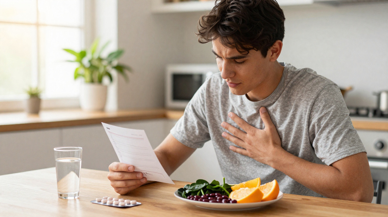 Homem sentado à mesa com comida saudável, medicamentos e a ler instruções na cozinha.