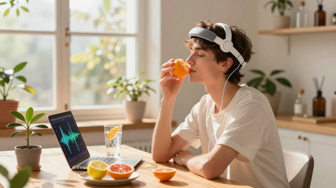 Jovem com auscultadores a provar sumo de laranja na cozinha, com computador portátil e frutas na mesa.