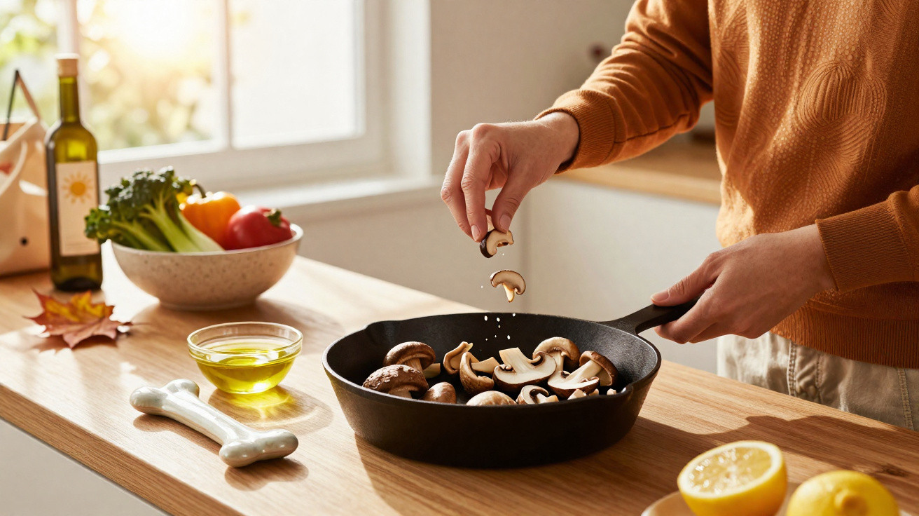 Pessoa a temperar cogumelos numa frigideira numa cozinha com legumes e azeite ao fundo.